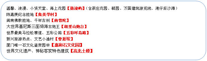 圓角矩形: 溫馨、浪漫、小資天堂、海上花園【鼓浪嶼】（含菽莊花園、毓園、萬國建筑游覽線、港仔后沙灘）
陳嘉庚紀念勝地【集美學村】
閩南佛教勝地、千年古剎【南普陀】
大世界基尼斯三面倚海古炮王【胡里山炮臺】
世界最美馬拉松賽道、五彩公路【五彩環(huán)島路】
新興旅游熱點、文藝小漁村【曾厝垵】
廈門唯一石文化鑒賞園林【惠和石文化園】
世界文化遺產、神秘客家特色建筑【高北土樓】
